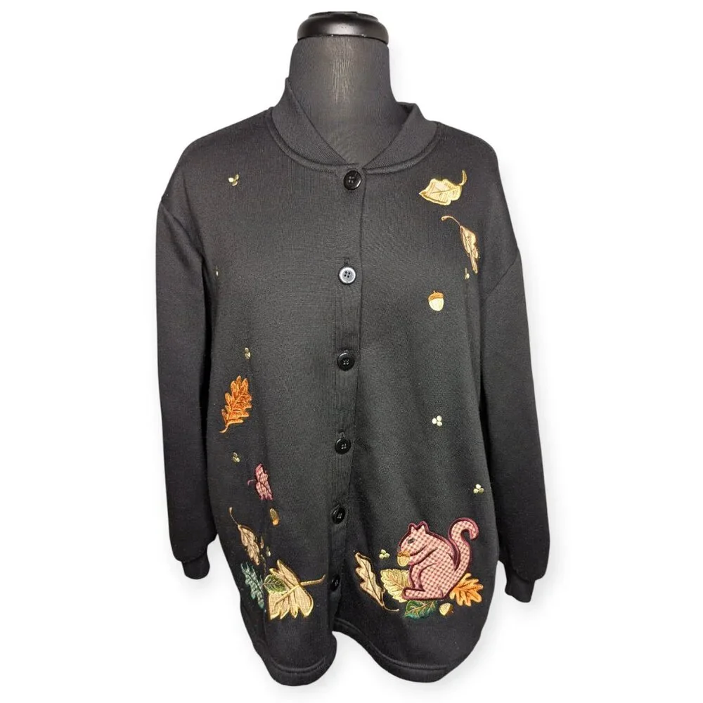 BonWorth Black Button Front Cardigan Leaf Squirrel & Fall Designs Size Large Pet